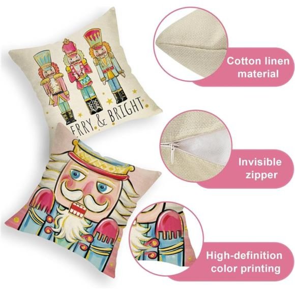 Set of 4 Merry Christmas Nutcracker Decorative Throw Pillow Covers 18x18 Inch - Picture 3 of 8